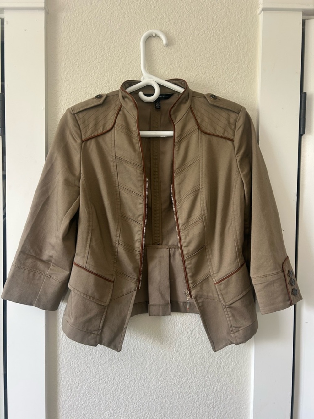 White House Black Market Taupe Utility Jacket with Contrast Trim - Picture 2 of 7